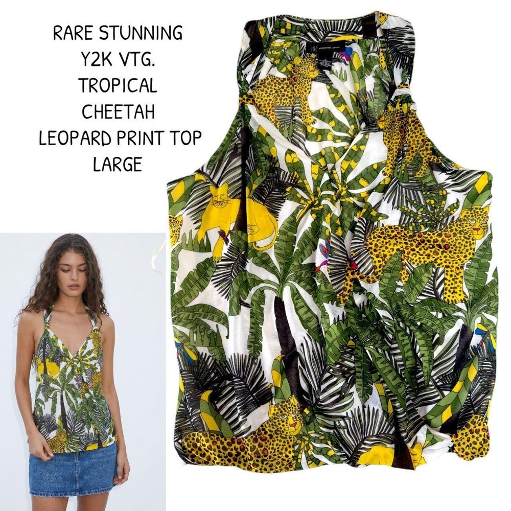 Rare Y2K tropical Leopard Cheetah graphic INC top Large.